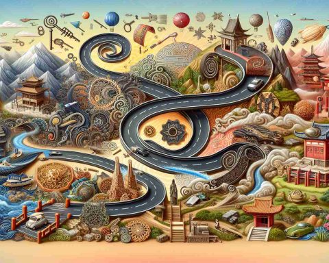 A highly detailed and realistic image representing the concept of 'surprising twist' in Asia. The picture may include symbolic elements such as a winding road, keys, or a hidden door to suggest surprise, shifts, and revelations. It can also feature diverse aspects of Asian landscapes, cultures, and artifacts. Please maintain a modern context implying present times.