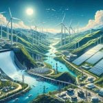 Gorgeous high-definition illustration encapsulating the revolutionary concept of green energy in Turkey. The image should highlight extensive solar fields under clear blue skies, massive wind turbines towering over rolling hills, and futuristic hydroelectric power stations next to rushing rivers. Also, it should subtly suggest a bold and progressive vision of sustainable development through elements like technologically advanced machinery, smart grids, and eco-friendly urban landscapes.