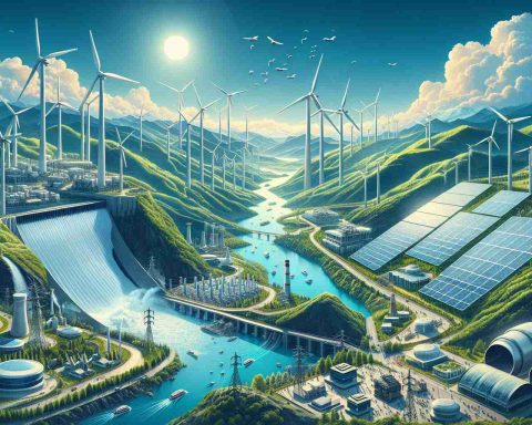 Gorgeous high-definition illustration encapsulating the revolutionary concept of green energy in Turkey. The image should highlight extensive solar fields under clear blue skies, massive wind turbines towering over rolling hills, and futuristic hydroelectric power stations next to rushing rivers. Also, it should subtly suggest a bold and progressive vision of sustainable development through elements like technologically advanced machinery, smart grids, and eco-friendly urban landscapes.