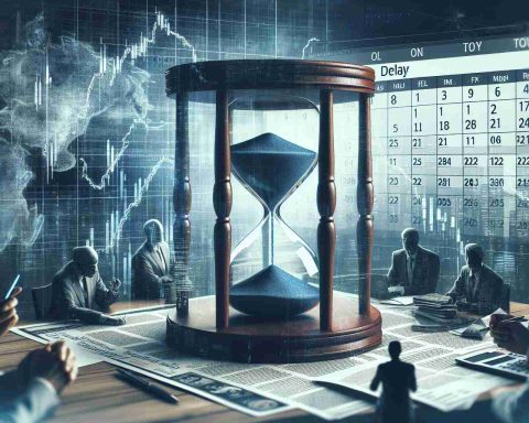 A high-definition, realistic image concept conveying a significant delay in a company's stock listing. Include visual elements such as a symbolic hourglass signifying the passage of time, a calendar marking the extended waiting period, and newspaper headlines expressing the delay. Use subdued color tones to portray the tense atmosphere. Add in the background vague representations of concerned investors and executives in a meeting, discussing the issue.