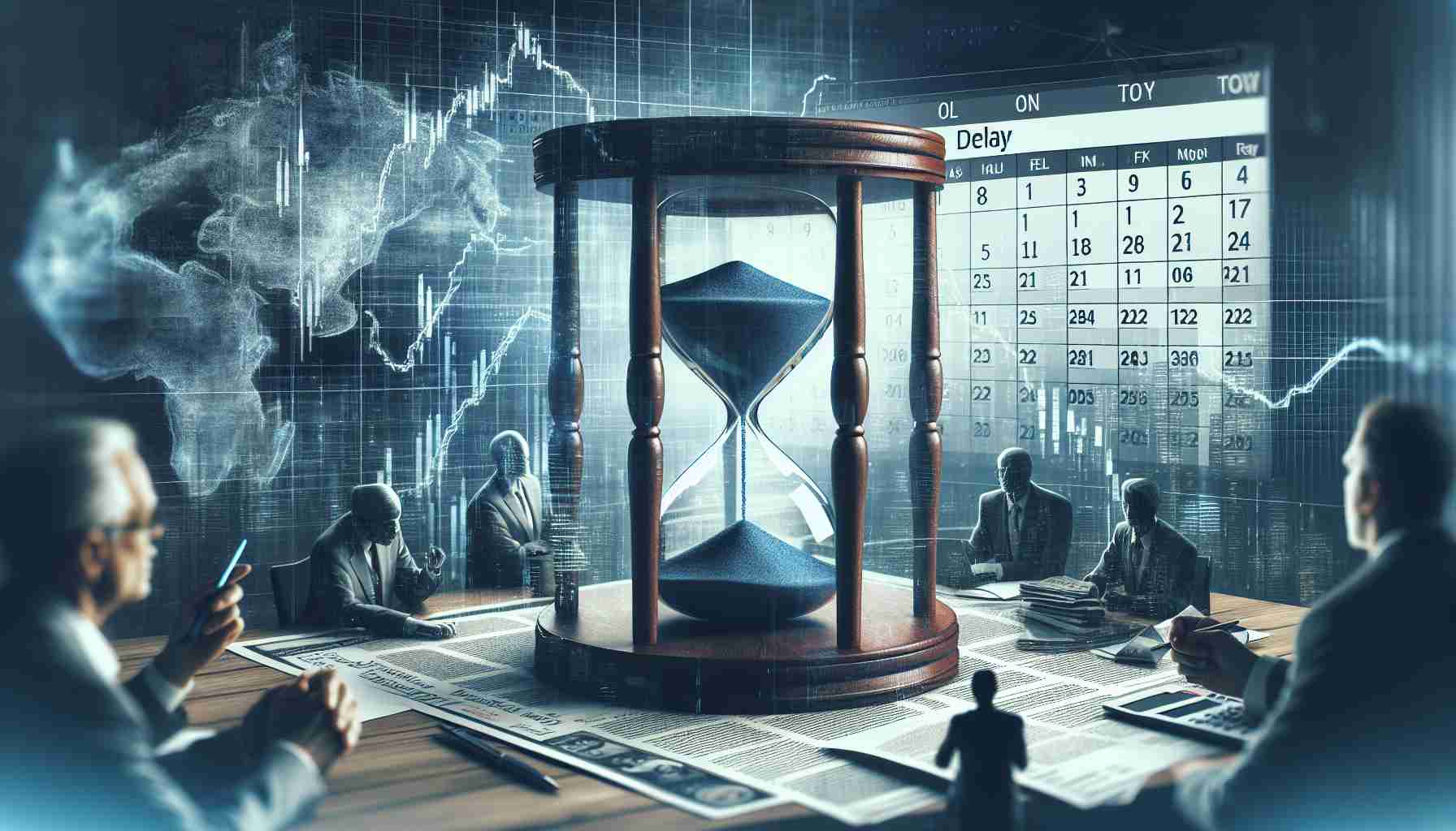 A high-definition, realistic image concept conveying a significant delay in a company's stock listing. Include visual elements such as a symbolic hourglass signifying the passage of time, a calendar marking the extended waiting period, and newspaper headlines expressing the delay. Use subdued color tones to portray the tense atmosphere. Add in the background vague representations of concerned investors and executives in a meeting, discussing the issue.