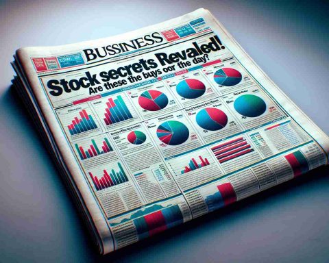 A high definition, realistic image of a business newspaper front page. The headline reads 'Stock Secrets Revealed! Are These the Buys of the Day?' The colors are intense and crisp, and underneath the headline, there's a space filled with imaginary pie charts, bar graphs and line charts reflecting fictive financial data. The quality of the image is so good that the texture of the paper can be seen.