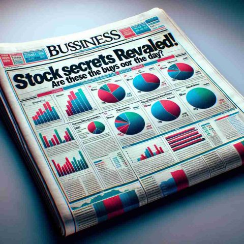 A high definition, realistic image of a business newspaper front page. The headline reads 'Stock Secrets Revealed! Are These the Buys of the Day?' The colors are intense and crisp, and underneath the headline, there's a space filled with imaginary pie charts, bar graphs and line charts reflecting fictive financial data. The quality of the image is so good that the texture of the paper can be seen.