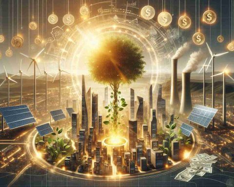 Design an editorial style image that illustrates the concept of clean energy investment leading to future prosperity. Manifest this with an image of a futuristic city bathed in sunlight, powered by a variety of clean energy sources such as solar panels, wind turbines, and hydroelectric dams. Include a tangible symbol of wealth such as a growing tree made of coins and banknotes, right in the center of the city.