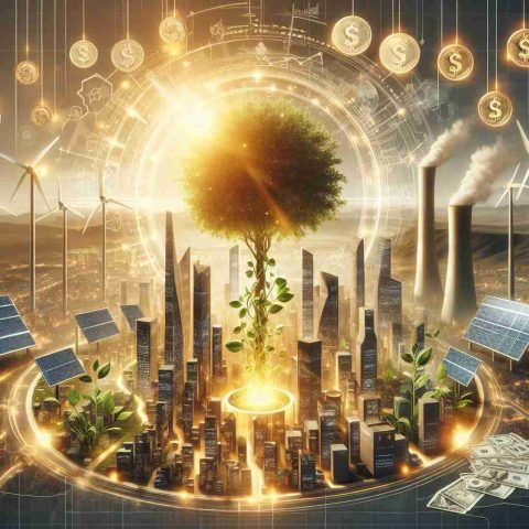 Design an editorial style image that illustrates the concept of clean energy investment leading to future prosperity. Manifest this with an image of a futuristic city bathed in sunlight, powered by a variety of clean energy sources such as solar panels, wind turbines, and hydroelectric dams. Include a tangible symbol of wealth such as a growing tree made of coins and banknotes, right in the center of the city.