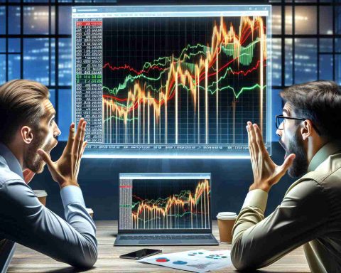 A high-definition and realistic image of a financial market scene that may catch someone off-guard. The image includes surprised investors studying an extravagant stock market change. The screen shows digital charts and figures, indicating a sudden, unexpected shift that's fascinating the investors.