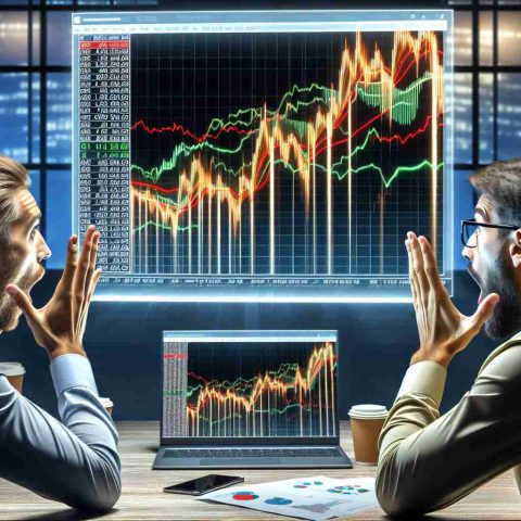 A high-definition and realistic image of a financial market scene that may catch someone off-guard. The image includes surprised investors studying an extravagant stock market change. The screen shows digital charts and figures, indicating a sudden, unexpected shift that's fascinating the investors.