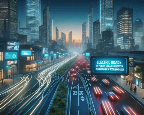 Imagine a high-definition, realistic portrayal of future urban commutes, where roadways are endowed with innovative electrification technologies. Visualize bustling streets cloaked in twilight, showcasing a distinguished network of electrified roads. Electric vehicles glide noiselessly along, their trail lights leaving snaking luminescent trails in their wake. Display boards flash news headlines about energy sustainability, reading: 'Electric Roads: Future of Urban Commutes? Shocking New Tech Unveiled.' This vision of the future reflects an adaptive urban landscape, thriving on sustainable technologies.