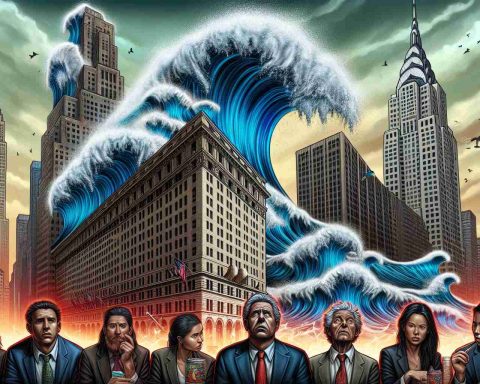 An illustrative representation of shock waves affecting Wall Street, interpreted as a metaphor. The visual metaphor could show boldly designed waves crashing against large, towering buildings labeled as 'Crypto Stocks'. The buildings should look like they are shaking and crumbling under the force of these waves. In the foreground, depict investors of various genders, and a mix of Caucasian and Asian descent, showing expressions of concern and unease. Use a realistic and detailed style, attempting to emulate the quality of a high-definition photograph.