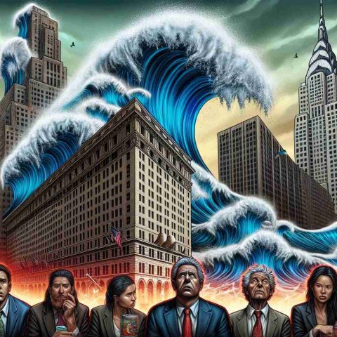 An illustrative representation of shock waves affecting Wall Street, interpreted as a metaphor. The visual metaphor could show boldly designed waves crashing against large, towering buildings labeled as 'Crypto Stocks'. The buildings should look like they are shaking and crumbling under the force of these waves. In the foreground, depict investors of various genders, and a mix of Caucasian and Asian descent, showing expressions of concern and unease. Use a realistic and detailed style, attempting to emulate the quality of a high-definition photograph.