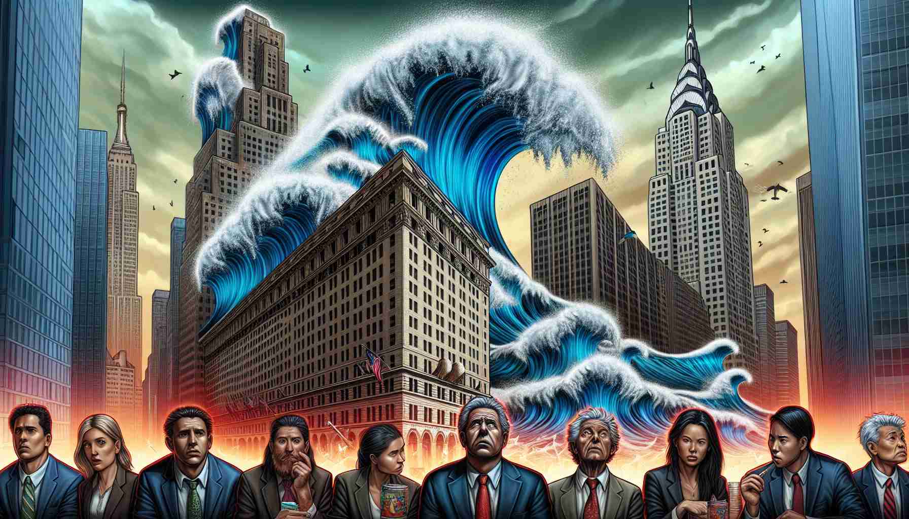 An illustrative representation of shock waves affecting Wall Street, interpreted as a metaphor. The visual metaphor could show boldly designed waves crashing against large, towering buildings labeled as 'Crypto Stocks'. The buildings should look like they are shaking and crumbling under the force of these waves. In the foreground, depict investors of various genders, and a mix of Caucasian and Asian descent, showing expressions of concern and unease. Use a realistic and detailed style, attempting to emulate the quality of a high-definition photograph.