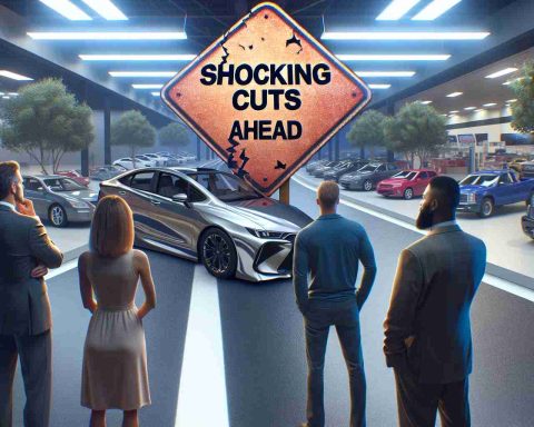 Generate a realistic high-definition image that represents the concept of significant changes coming up that could affect the next car purchasing experience. The scene could showcase a metaphorical road sign that reads 'Shocking Cuts Ahead' on the side of a highway, symbolizing the impending shifts. The backdrop can depict a new car showroom and a mix of prospective buyers — a middle-aged Caucasian woman, a young Hispanic male, an older Black man — suggesting a tangible connection to car buying circumstances.