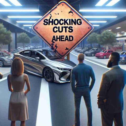 Generate a realistic high-definition image that represents the concept of significant changes coming up that could affect the next car purchasing experience. The scene could showcase a metaphorical road sign that reads 'Shocking Cuts Ahead' on the side of a highway, symbolizing the impending shifts. The backdrop can depict a new car showroom and a mix of prospective buyers — a middle-aged Caucasian woman, a young Hispanic male, an older Black man — suggesting a tangible connection to car buying circumstances.