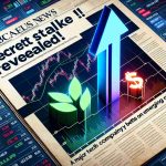 Create a realistic HD image depicting a financial news headline. The headline is 'Secret Stake Revealed! A Major Tech Company Bets Big on Emerging Rival'. The visual elements of the image can include an abstract representation of two tech companies (depicted as symbolic logos), a large upward-facing arrow between them representing the 'big bet', and optional financial-related elements, like stock market graphs or ticker symbols.