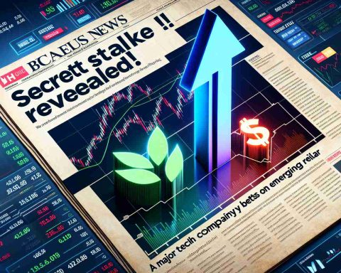 Create a realistic HD image depicting a financial news headline. The headline is 'Secret Stake Revealed! A Major Tech Company Bets Big on Emerging Rival'. The visual elements of the image can include an abstract representation of two tech companies (depicted as symbolic logos), a large upward-facing arrow between them representing the 'big bet', and optional financial-related elements, like stock market graphs or ticker symbols.