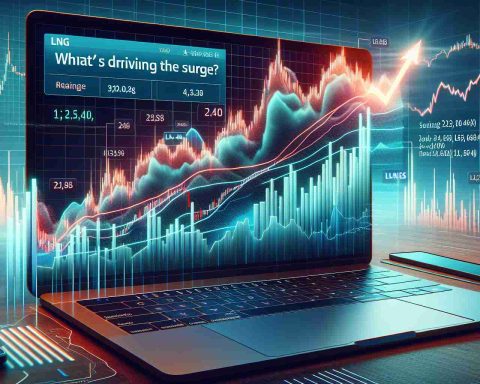 Generate a realistic, high-definition image depicting a stock chart with the ticker 'LNG'. The chart should appear to be skyrocketing, indicating a surge in the price of the stock. The image should also include a question overlay asking 'What's Driving the Surge?'.