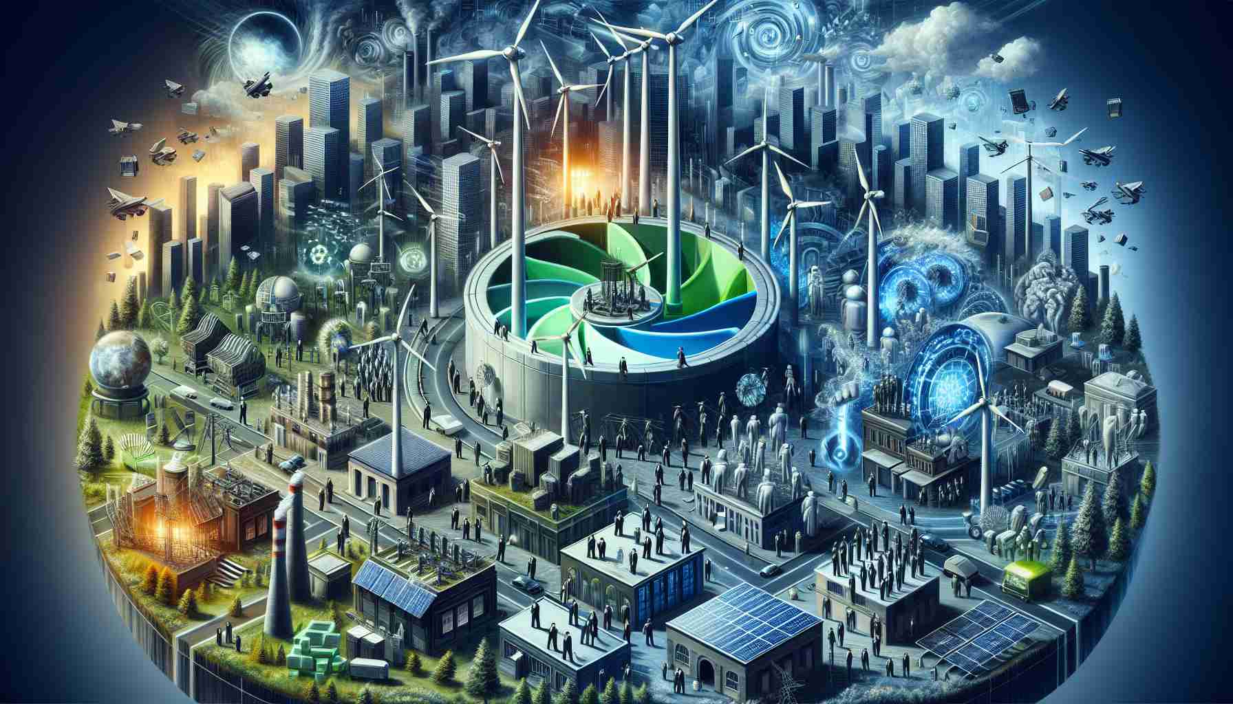 A high-definition depiction of the drama surrounding green energy. This scene is filled with unexpected twists and turns involving major figures in the field, their identities unspecified. Present are metaphoric representations of leading industrial powers, symbolising their unplanned entrances and exits. Observe the array of green energy technologies – wind turbines, solar panels, electric grids – serving as the backdrop to the unfolding drama. A generic cityscape representing the modern world, brimming with both conflict and collaboration, further accentuates the drama. This is not related to any specific individual, corporation, or event, but rather, it's a broad conceptualization of the complex dynamics in the green energy industry.