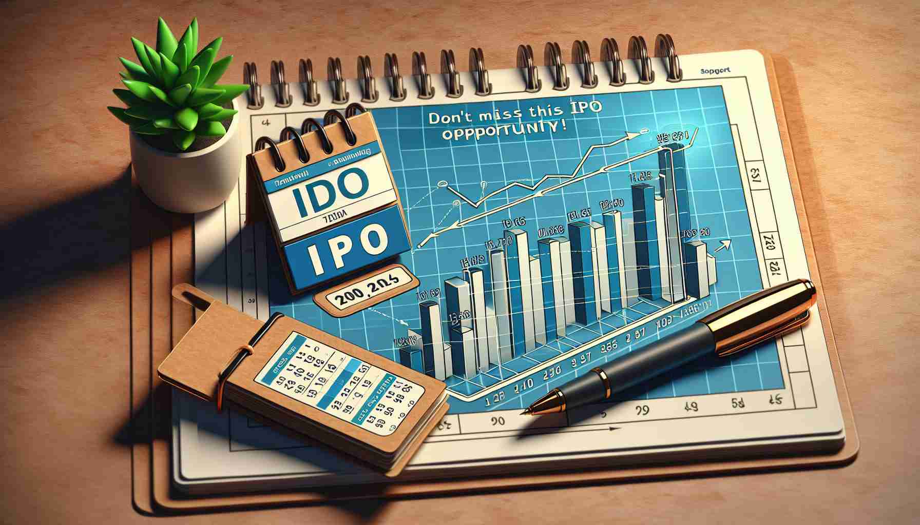 Generate an image that represents a 'Don’t Miss This IPO Opportunity!' concept. The visual should contain a thematic calendar marked with important dates, a growing bar chart representing an investment increase, and finally, a pen and a paper symbolizing the preparation for this opportunity. The focus should be on realism and high definition quality.