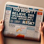 Create a hyper-realistic image of a headline splashed across a financial newspaper that reads, 'You Won't Believe This Upcoming IPO! Huge Opportunity or Risk?' The newspaper should be held open, showing not only the eye-catching headline but also a plausible-looking text and graphs on a high-definition background.