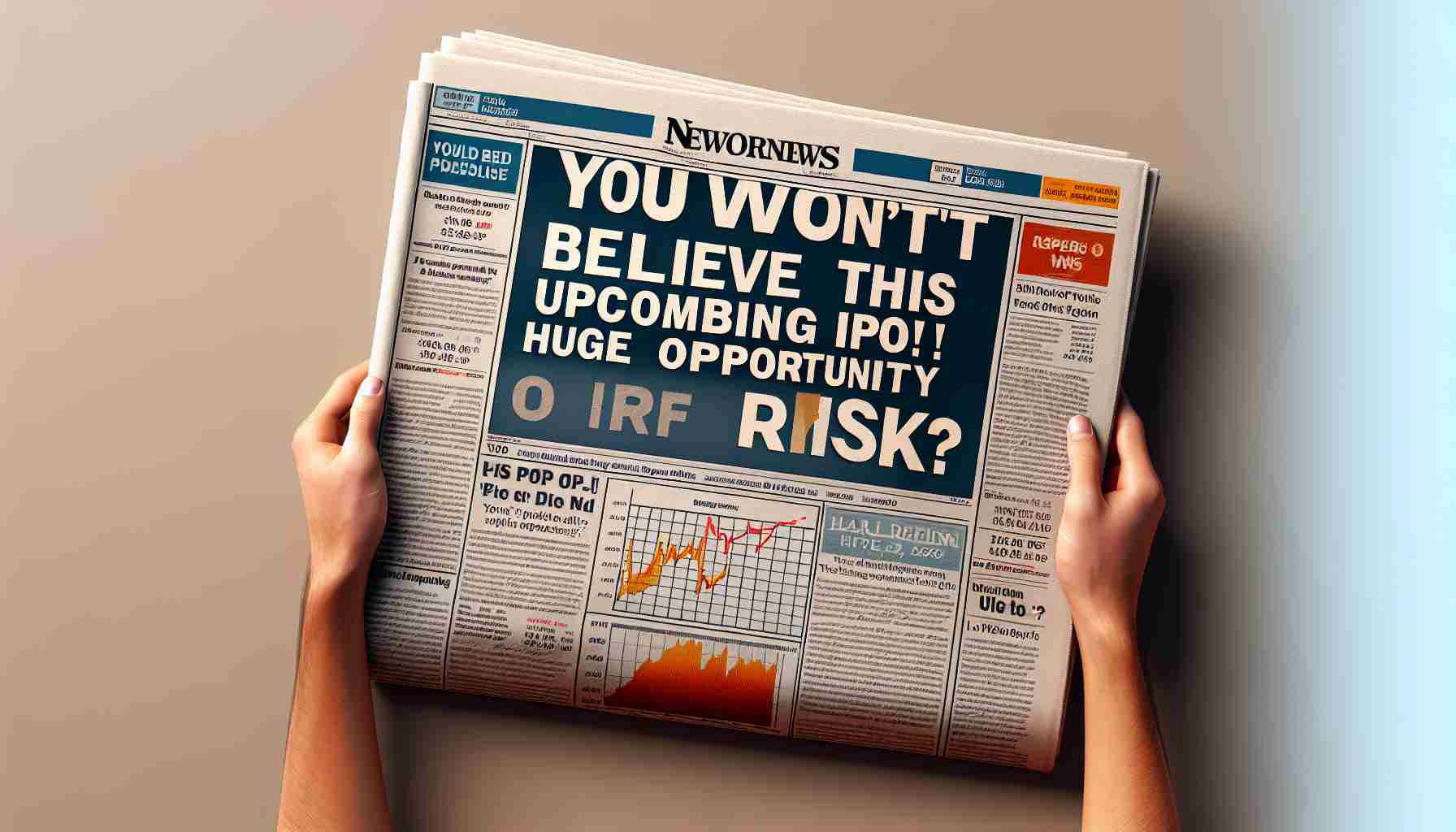 Create a hyper-realistic image of a headline splashed across a financial newspaper that reads, 'You Won't Believe This Upcoming IPO! Huge Opportunity or Risk?' The newspaper should be held open, showing not only the eye-catching headline but also a plausible-looking text and graphs on a high-definition background.