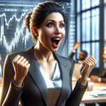 Realistic high-definition scene depicting an amazing and shocking rise in a company's stock value. There is a successful leader of this company, portrayed with a look of astonishment, pride, and excitement. The leader is a South Asian woman with a confident demeanor, expressing surprise and joy about the immense rise in the value of her company's shares. This emotional reaction is shown through her expressive facial features and body language.