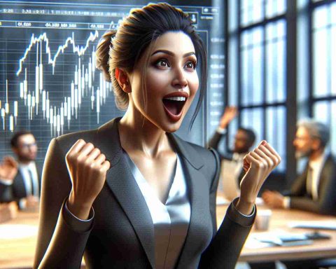 Realistic high-definition scene depicting an amazing and shocking rise in a company's stock value. There is a successful leader of this company, portrayed with a look of astonishment, pride, and excitement. The leader is a South Asian woman with a confident demeanor, expressing surprise and joy about the immense rise in the value of her company's shares. This emotional reaction is shown through her expressive facial features and body language.