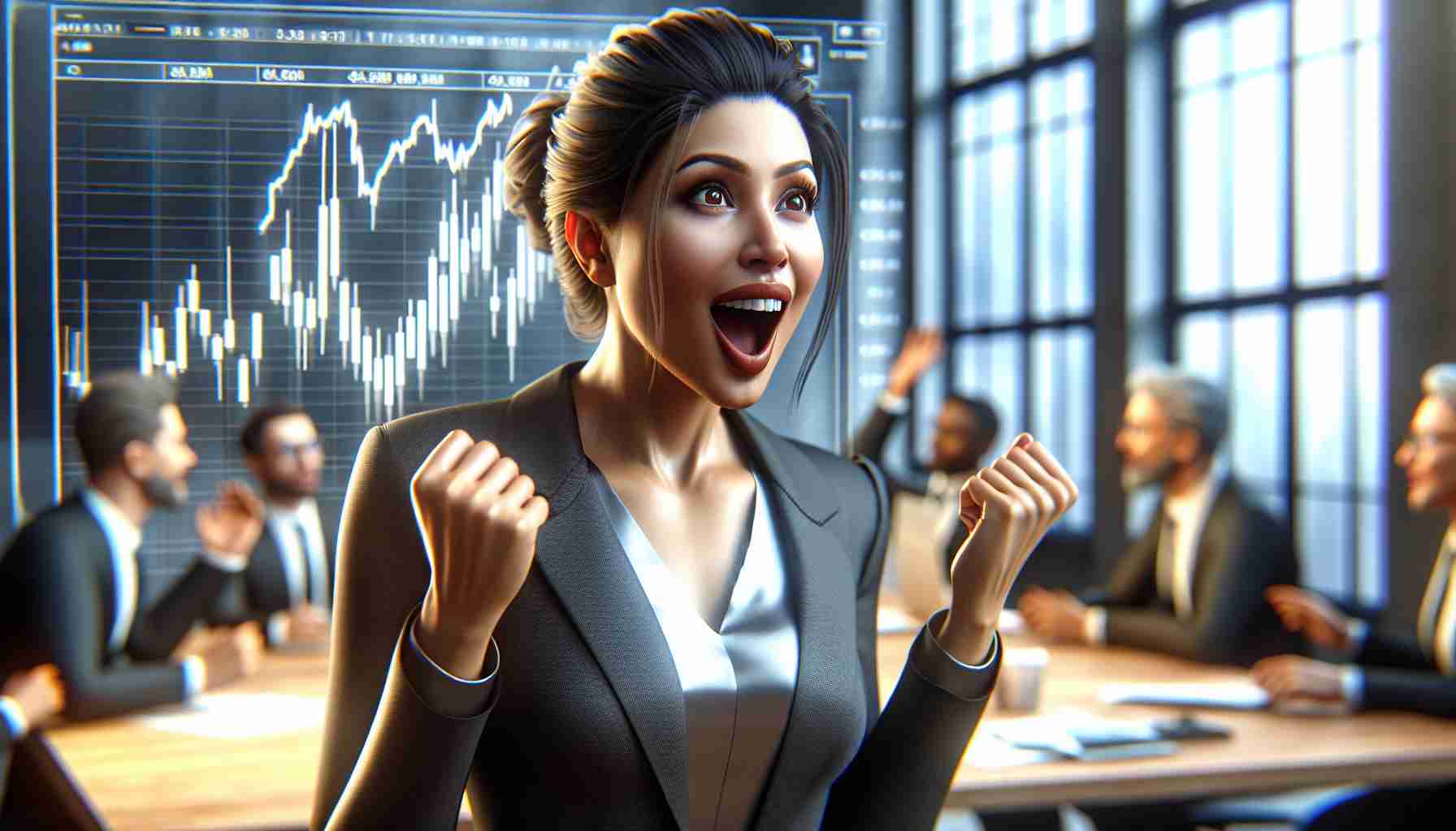 Realistic high-definition scene depicting an amazing and shocking rise in a company's stock value. There is a successful leader of this company, portrayed with a look of astonishment, pride, and excitement. The leader is a South Asian woman with a confident demeanor, expressing surprise and joy about the immense rise in the value of her company's shares. This emotional reaction is shown through her expressive facial features and body language.