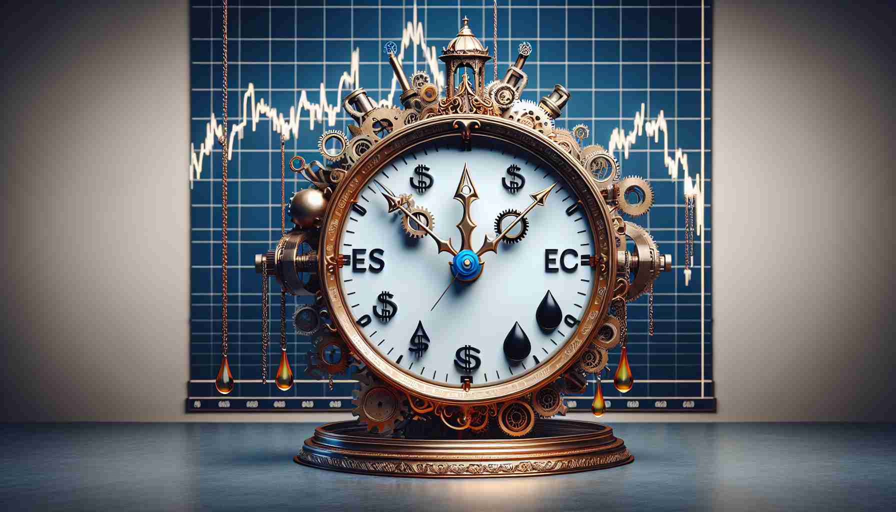 Realistic HD image of a symbolic representation of the query 'Is Now the Right Time to Invest in Oil & Gas?'. Conceptualize this as a large, ornate clock with oil and gas stocks symbolized as cogs and gears. The time on the clock is exactly at the tipping point between 'yes' and 'no', implying the uncertainty and risk involved. On the background, there's a stock market graph showing the fluctuation in oil and gas prices, enhancing the overall concept.