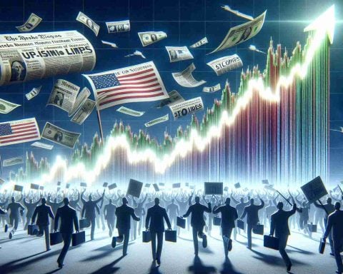 Produce a high-definition, realistic image that captures the sudden triumph of a stock market player amidst shifts in political climate. The main focus should be a dramatically rising line chart symbolizing a victorious stock market surge, accompanied by headlines or ticker tapes indicating surprising leaps in stock market indices.