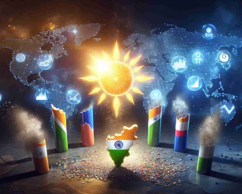 Realistic HD image of a conceptual representation of India's successful equity market. Display a bright, luminous symbol (possibly a radiant sun or a shining star) to represent India. Alongside, illustrate other symbols indicating various competitors, partially covered in dust, to signify being left behind. Ensure the colors are vibrant and the imagery is metaphorical.