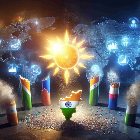 Realistic HD image of a conceptual representation of India's successful equity market. Display a bright, luminous symbol (possibly a radiant sun or a shining star) to represent India. Alongside, illustrate other symbols indicating various competitors, partially covered in dust, to signify being left behind. Ensure the colors are vibrant and the imagery is metaphorical.