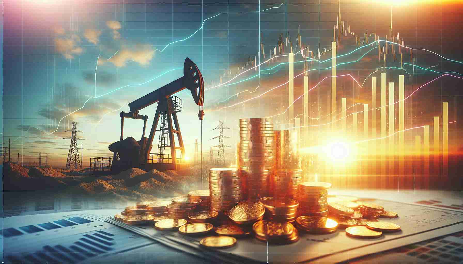 A high-definition, realistic image illustrating the concept of oil and gas drilling as a potentially lucrative investment opportunity of the decade. This could include a range of items such as oil drilling equipment against the backdrop of a sunset, financial charts showing upward trends, and a pile of golden coins symbolizing wealth and good return on investment.