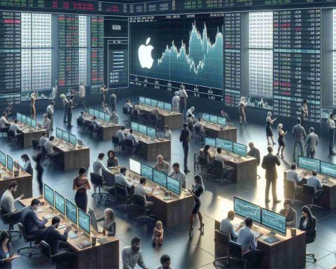 Realistic high definition photo of a conceptual representation of Apple's stocks being traded in the marketplace. Create a bustling stock exchange scene with depicting traders of various descents such as Caucasian, Hispanic, Black, Middle-Eastern, and South Asian, both male and female, engrossed in their activities. Imagine screens displaying graphs and numbers that hint at the trading of tech stocks, with a subtle representation of an apple to symbolize the tech giant, Apple Inc.