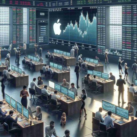 Realistic high definition photo of a conceptual representation of Apple's stocks being traded in the marketplace. Create a bustling stock exchange scene with depicting traders of various descents such as Caucasian, Hispanic, Black, Middle-Eastern, and South Asian, both male and female, engrossed in their activities. Imagine screens displaying graphs and numbers that hint at the trading of tech stocks, with a subtle representation of an apple to symbolize the tech giant, Apple Inc.