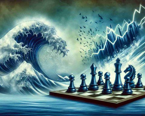 A realistic, detailed illustration of a metaphorical representation showcasing the bold movement of a fictional tech company disrupting markets. This should visually symbolize the significant changes in the imaginary stock market scene. Imagery could include symbolic elements such as an aggressive chess move or a wave disrupting a calm sea, signifying instability and change.