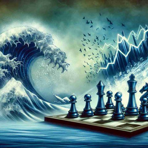 A realistic, detailed illustration of a metaphorical representation showcasing the bold movement of a fictional tech company disrupting markets. This should visually symbolize the significant changes in the imaginary stock market scene. Imagery could include symbolic elements such as an aggressive chess move or a wave disrupting a calm sea, signifying instability and change.