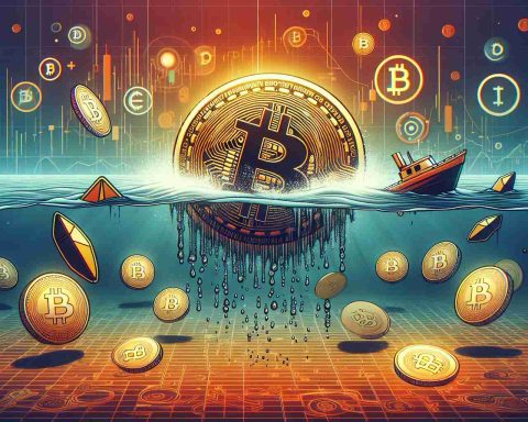 Generate a high-definition, realistic image that signifies the concept of a sinking bounty in Bitcoin, with an unexpected twist. Also include elements that hint towards a factor or event that is positively influencing the future prospects of a conceptual digital currency named 'IREN'.