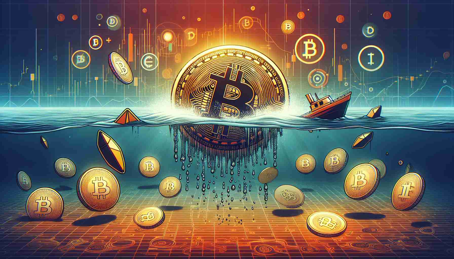 Generate a high-definition, realistic image that signifies the concept of a sinking bounty in Bitcoin, with an unexpected twist. Also include elements that hint towards a factor or event that is positively influencing the future prospects of a conceptual digital currency named 'IREN'.