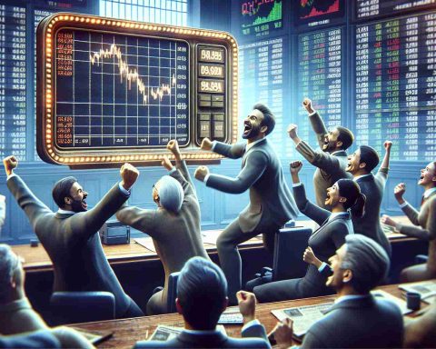 A realistic high-definition image featuring a stock market scene. An old-fashioned, analog stock ticker is showing that a particular stock's value has shot up dramatically. Excited traders, a mix of men and women of various descents like Hispanic, Caucasian, and Middle-Eastern, are hopping from their seats and punching the air in jubilation. Other screens showing stock indices are lit up in the background.