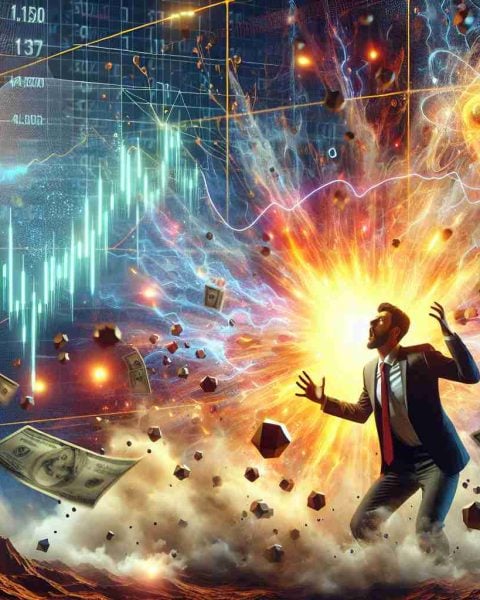 Generate a realistic HD image that portrays a metaphorical representation of a significant stock jump in the world of Quantum technology, titled 'Quantum Surge'. The scene should convey an atmosphere of surprise as though the dramatic rise was unexpected by everyone.