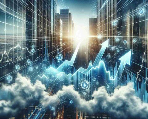 Realistic high-definition image depicting the concept of a stock's value soaring high in the financial market. The scene is visually represented by a futuristic stock market graph or chart, with arrows pointing upwards, symbolizing the positive upward trajectory of a particular stock. The background is filled with skyscrapers to provide the theme of 'Greater Heights'. Clouds can also be seen to signify the stock reaching new heights, touching the sky.