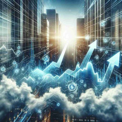 Realistic high-definition image depicting the concept of a stock's value soaring high in the financial market. The scene is visually represented by a futuristic stock market graph or chart, with arrows pointing upwards, symbolizing the positive upward trajectory of a particular stock. The background is filled with skyscrapers to provide the theme of 'Greater Heights'. Clouds can also be seen to signify the stock reaching new heights, touching the sky.