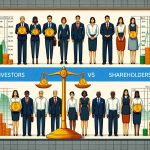 High Definition illustration interpreting the concept of 'Investors vs Shareholders: Are They Really the Same?'. Visualize two groups of people standing on opposite sides, one labeled as 'Investors', the other labeled 'Shareholders'. The Investors are a diverse group, with individuals of different genders and heritages such as Middle-Eastern, Hispanic and South Asian, all dressed in professional attire. The Shareholders also display diversity with individuals of Caucasian, Black and East Asian descent, dressed likewise. Between them, draw a balance scale, weighing a golden coin titled 'Investment' on one side and a company stock certificate on the other, subtly reflecting the subtle differences and similarities between the two.