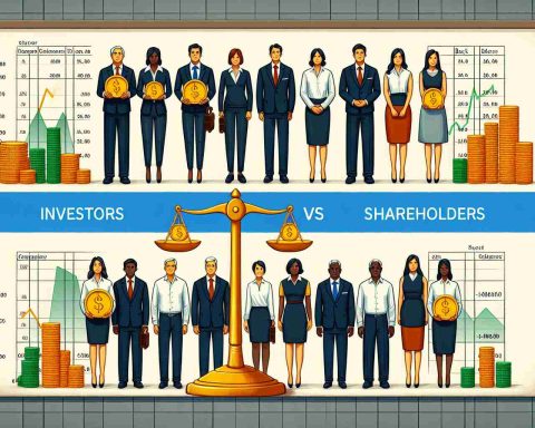 High Definition illustration interpreting the concept of 'Investors vs Shareholders: Are They Really the Same?'. Visualize two groups of people standing on opposite sides, one labeled as 'Investors', the other labeled 'Shareholders'. The Investors are a diverse group, with individuals of different genders and heritages such as Middle-Eastern, Hispanic and South Asian, all dressed in professional attire. The Shareholders also display diversity with individuals of Caucasian, Black and East Asian descent, dressed likewise. Between them, draw a balance scale, weighing a golden coin titled 'Investment' on one side and a company stock certificate on the other, subtly reflecting the subtle differences and similarities between the two.