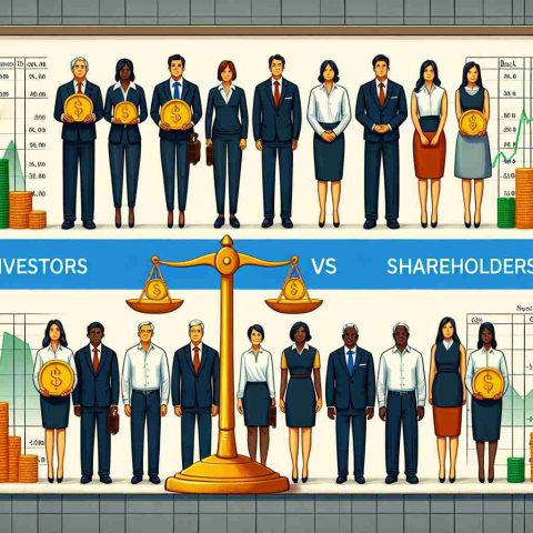 High Definition illustration interpreting the concept of 'Investors vs Shareholders: Are They Really the Same?'. Visualize two groups of people standing on opposite sides, one labeled as 'Investors', the other labeled 'Shareholders'. The Investors are a diverse group, with individuals of different genders and heritages such as Middle-Eastern, Hispanic and South Asian, all dressed in professional attire. The Shareholders also display diversity with individuals of Caucasian, Black and East Asian descent, dressed likewise. Between them, draw a balance scale, weighing a golden coin titled 'Investment' on one side and a company stock certificate on the other, subtly reflecting the subtle differences and similarities between the two.