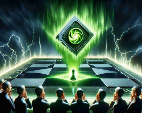 An interpretation of a dramatic, high-definition scene where a metaphorical Nvidia, depicted as a powerful, green, glowing entity, is making a surprising move on a giant virtual chess board. The move is so stunning that it generates a ripple effect symbolizing a potential surge. Its opponents are astonished by the unexpected strategy, their surprised expressions illuminating in the glow of the virtual chess board.