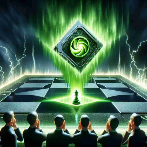 An interpretation of a dramatic, high-definition scene where a metaphorical Nvidia, depicted as a powerful, green, glowing entity, is making a surprising move on a giant virtual chess board. The move is so stunning that it generates a ripple effect symbolizing a potential surge. Its opponents are astonished by the unexpected strategy, their surprised expressions illuminating in the glow of the virtual chess board.