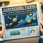 Create a realistic high definition image of a newspaper headline stating 'Surprising Turns: Major Investors Change Course on Coinbase Stock!' and showing infographics about stock market trends indicating a shift in investor behavior concerning Coinbase stock.