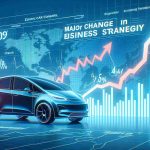 Generate a high-definition image depicting the visual interpretation of a major change in business strategy related to an electric car company's stocks. The image should incorporate elements such as graphs showing a significant upward trend, the logo of an electric car company, and headlines that indicate significant strategic changes. Please make it in the style of a news article headline.