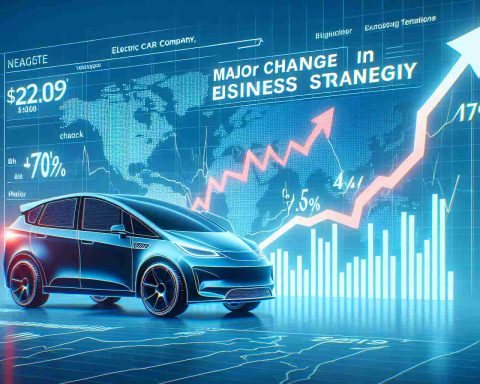 Generate a high-definition image depicting the visual interpretation of a major change in business strategy related to an electric car company's stocks. The image should incorporate elements such as graphs showing a significant upward trend, the logo of an electric car company, and headlines that indicate significant strategic changes. Please make it in the style of a news article headline.